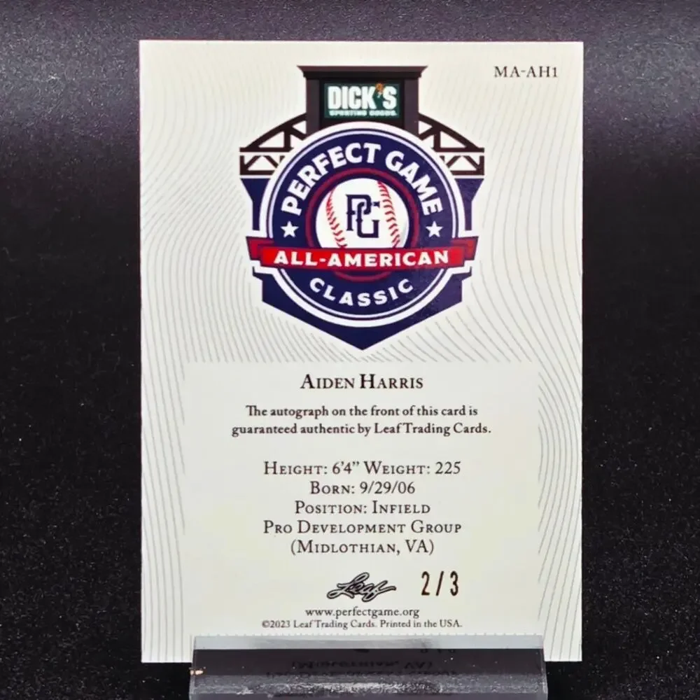 Aiden Harris Auto Blue Leaf Metal, 2/3 University of Virginia Baseball Prospect